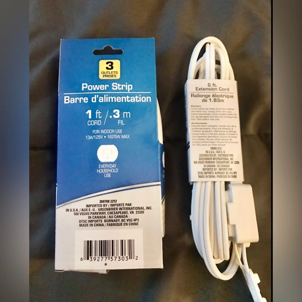 2 Pack - 1 Ft Power Strip /3 outlets + 6 Ft Extension Cord/3 outlets NWT - Picture 2 of 9